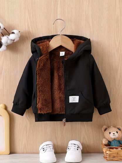 Kid's Label Patched Fleece Lining Jacket, Warm Zip Up Hooded Coat, Boy's Clothes For Fall Winter Outdoor, As Gift