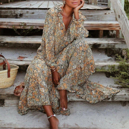 vmtvr - Floral Bohemian V Neck Long Sleeve Maxi Dress