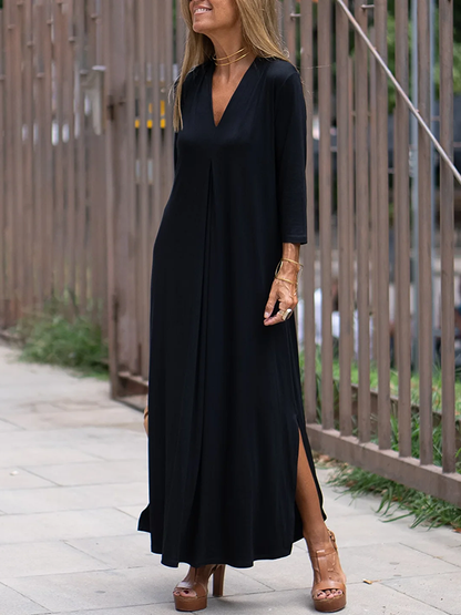 vmtvr - Long Sleeves Loose Solid Color Split-Side V-Neck Maxi Dresses