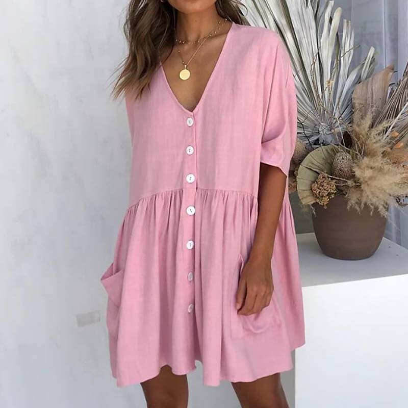 Women's Casual Dress Linen Dress Tiered Dress Mini Dress Black White Pink Short Sleeve Pure Color Ruched Winter Fall Spring V Neck Basic Daily Vacation Loose Fit S M L XL XXL 3XL