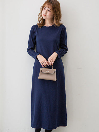 vmtvr - Simple Solid Color Round-Neck A-Line Midi Dress