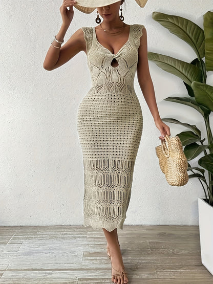 Sultry Hollow Out Backless Knitted Tank Dress - Strappy, Bodycon, Soft, and Breathable - Perfect for Warm Weather, Designed for the Modern Woman, Timeless Solid Color, Womens Clothing for Spring & Summer