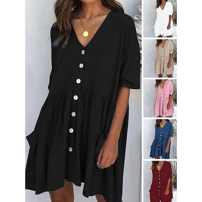 Women's Casual Dress Linen Dress Tiered Dress Mini Dress Black White Pink Short Sleeve Pure Color Ruched Winter Fall Spring V Neck Basic Daily Vacation Loose Fit S M L XL XXL 3XL