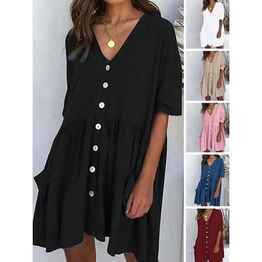 Women's Casual Dress Linen Dress Tiered Dress Mini Dress Black White Pink Short Sleeve Pure Color Ruched Winter Fall Spring V Neck Basic Daily Vacation Loose Fit S M L XL XXL 3XL