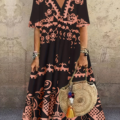 Plus Size Boho Dress, Women's Plus Geometric Print V Neck Short Sleeve Maxi Dress