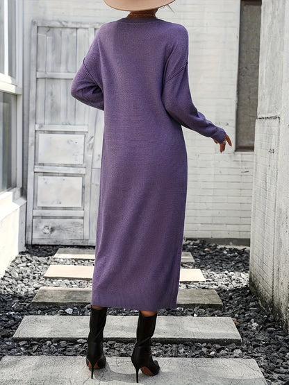 Button Front Midi Knit Dress, Elegant Long Sleeve Solid Color Dress For Spring & Fall, Women's Clothing