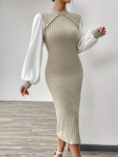 Ribbed Knit Button Decor Sheath Dress, Elegant Mock Neck Lantern Sleeve Midi Length Dress, Women's Clothing