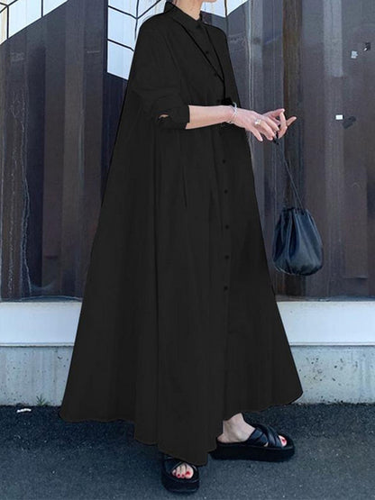 Long Sleeves Loose Solid Color Lapel Maxi Dresses Shirt Dress