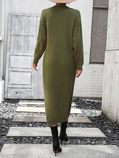 vmtvr - Long Sleeves Loose Buttoned Split-Joint Round-Neck Midi Dresses Sweater Dresses