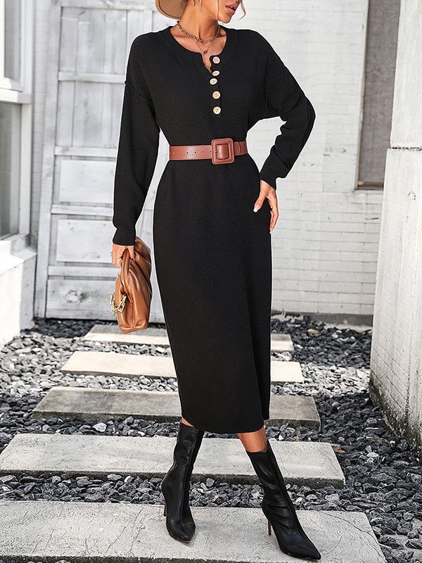 vmtvr - Long Sleeves Loose Buttoned Split-Joint Round-Neck Midi Dresses Sweater Dresses