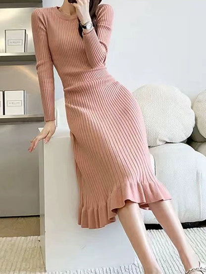 vmtvr - Long Sleeves Loose Ruffled Solid Color Round-Neck Midi Dresses Sweater Dresses