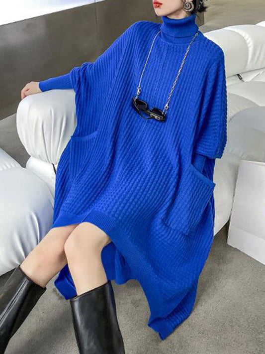 vmtvr - Batwing Sleeves High-Low Pockets Solid Color High-Neck Midi Dresses Sweater Dresses