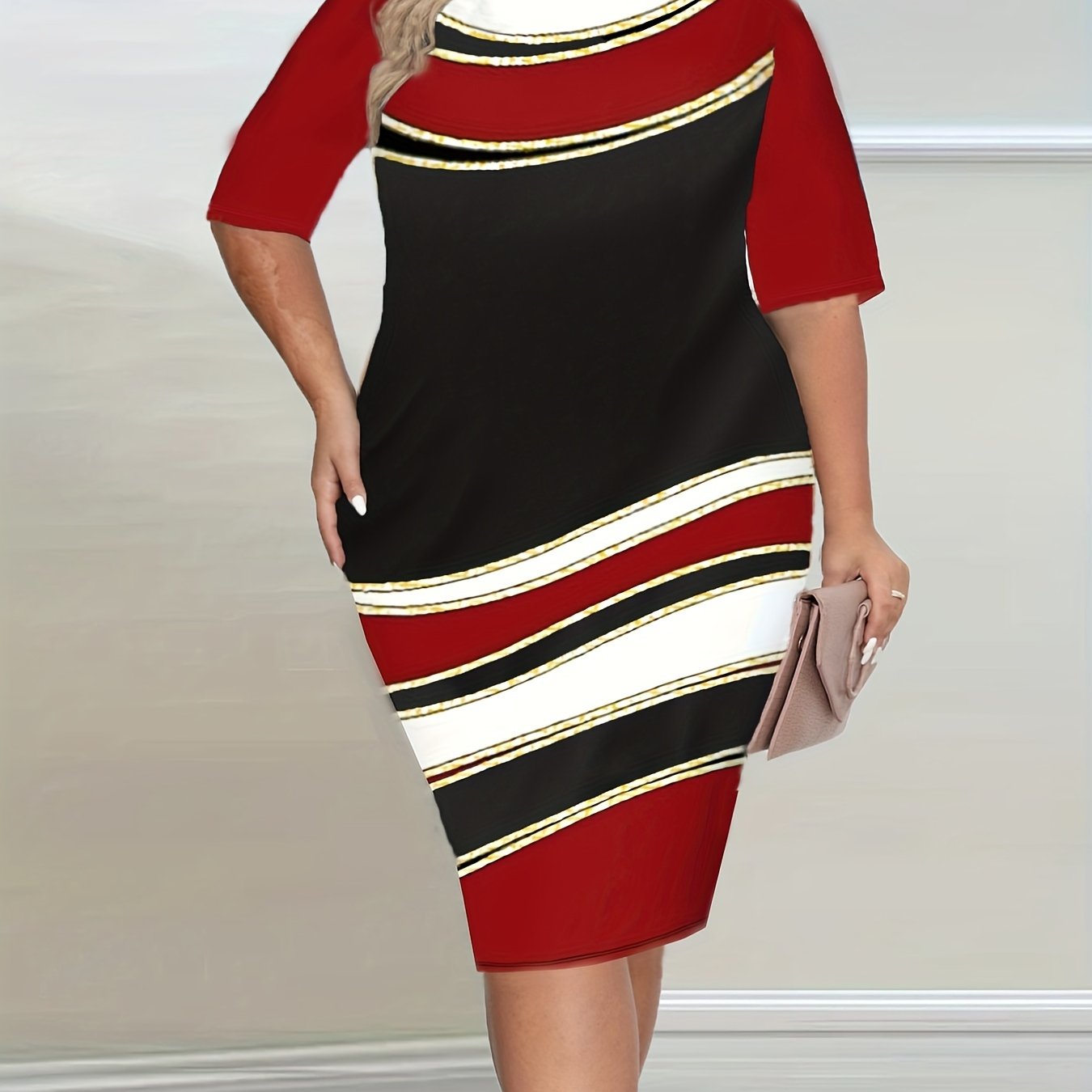 Plus Size Colorblock Half Sleeve Slim Fit Midi Dress, Women's Plus Slight Stretch Boho Midi Dress