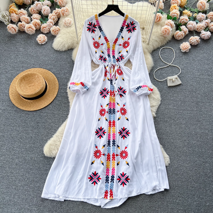 vmtvr- Embroidered V-neck drawstring waist dress for women retro ethnic style holiday dress GEU558