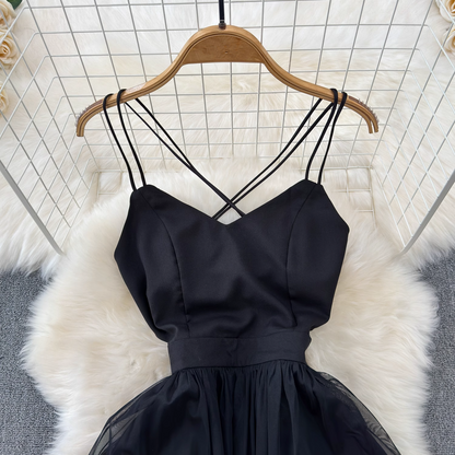 - Black A-line V Neck Tulle Dress GEU1042