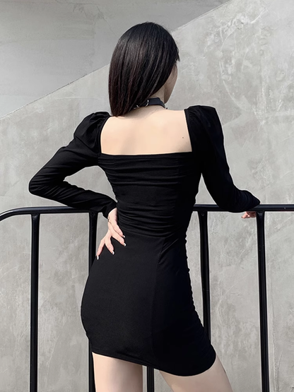 - Women's square collar black slim dress GEU730