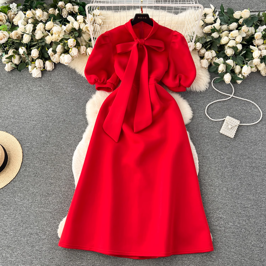 vmtvr- Vintage Bow Tie Puff Sleeve Dress GEU453