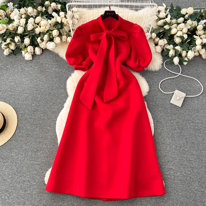 - Vintage Bow Tie Puff Sleeve Dress GEU453