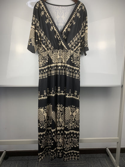 Plus Size Boho Dress, Women's Plus Geometric Print V Neck Short Sleeve Maxi Dress