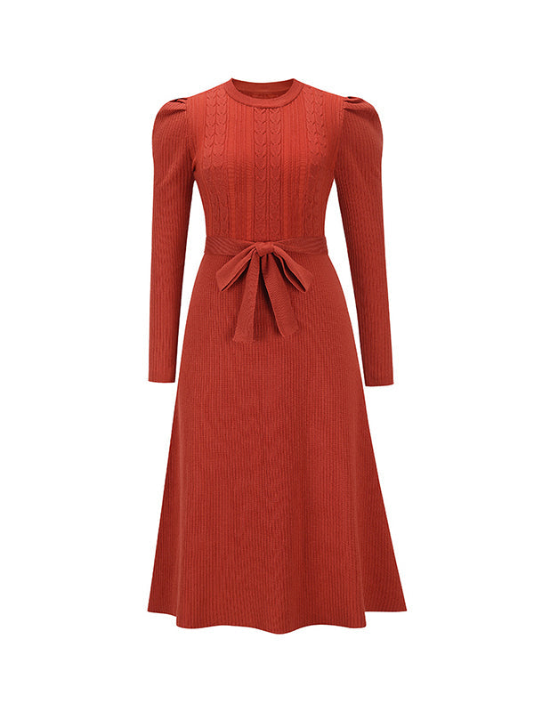 vmtvr - High Waisted Long Sleeves Solid Color Tied Waist Round-Neck Midi Dresses Sweater Dresses