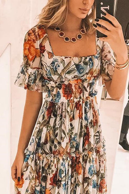 vmtvr - Sexy Short Sleeves Floral Print Off Shoulder Maxi Dress