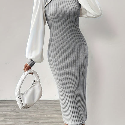 Ribbed Knit Button Decor Sheath Dress, Elegant Mock Neck Lantern Sleeve Midi Length Dress, Women's Clothing