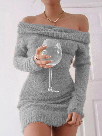 Off Shoulder Women Sweater Bodycon Dress Sexy French Knitted Long Sleeve Pink Y2k Vintage Winter Clothes Slim Knitwear Vestido