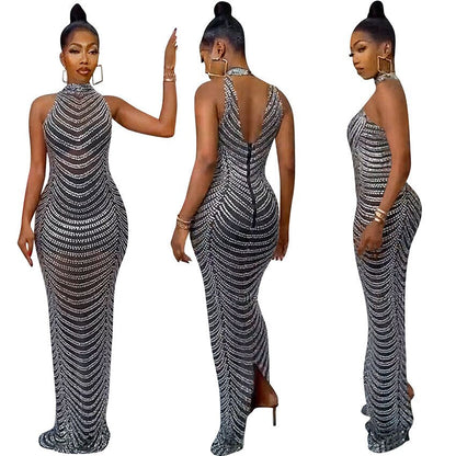 O-neck Sparkly Rhinestone Bodycon Maxi Dresses Women Wedding Evening Backless Mesh See Through Night Club Birthday Party Dress