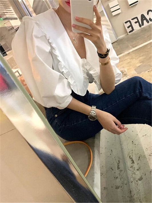 New  Vintage Elegant Office Lady Puff Sleeve Korean Fashion Women Autumn Winter Blouses Shirts Short Tops