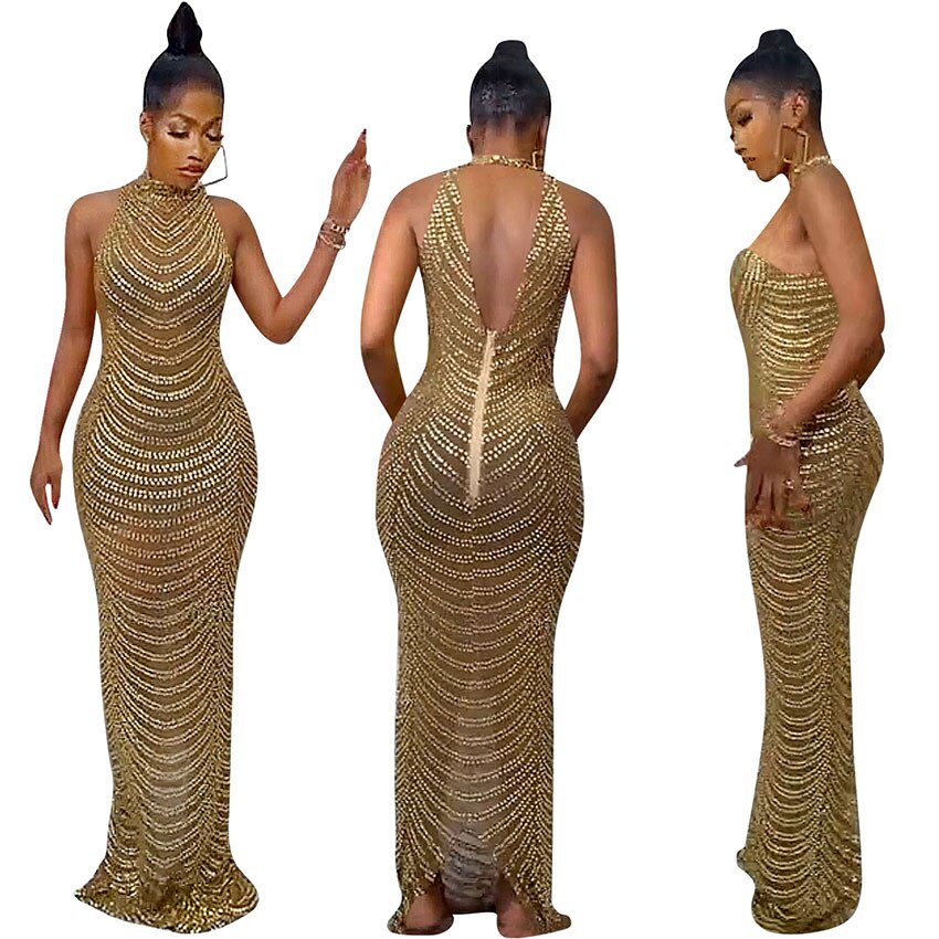 O-neck Sparkly Rhinestone Bodycon Maxi Dresses Women Wedding Evening Backless Mesh See Through Night Club Birthday Party Dress