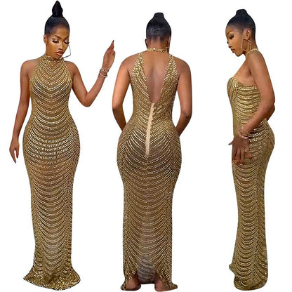 O-neck Sparkly Rhinestone Bodycon Maxi Dresses Women Wedding Evening Backless Mesh See Through Night Club Birthday Party Dress