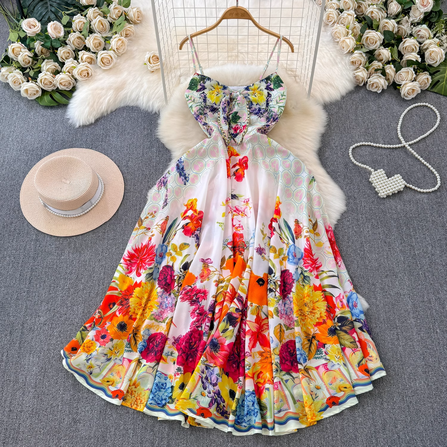 - Colorful floral suspender seaside vacation dress  GEU1428