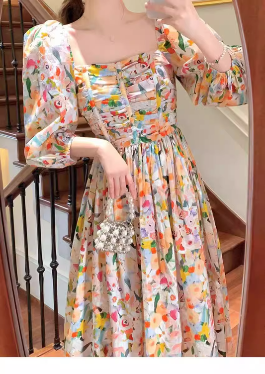 - Retro Chic Floral Puff Sleeve Dress for Women Summer  GEU1133