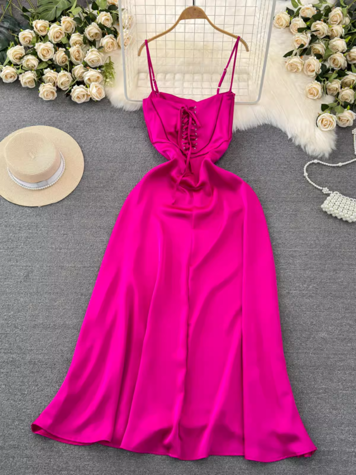 - Hot Pink A-line Simple Dress  GEU998