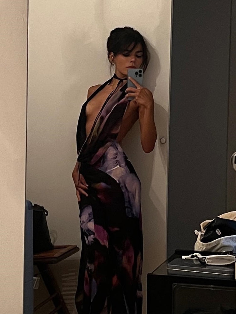 vmtvr Backless Maxi Dress Women Sexy Purple Print Halter Bodycon Dress Summer Beach Outfits Elegant Sleeveless Club Party Dress 2023