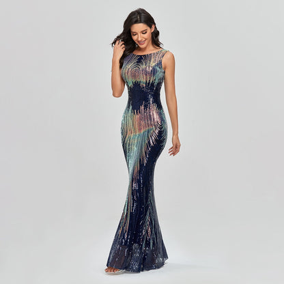 Sleeveless O-neck Evening Party Dress Shinning Sequins Mermaid Prom Gowns Elegant Slim Robe De Soriee Women Full Dress 2023 New