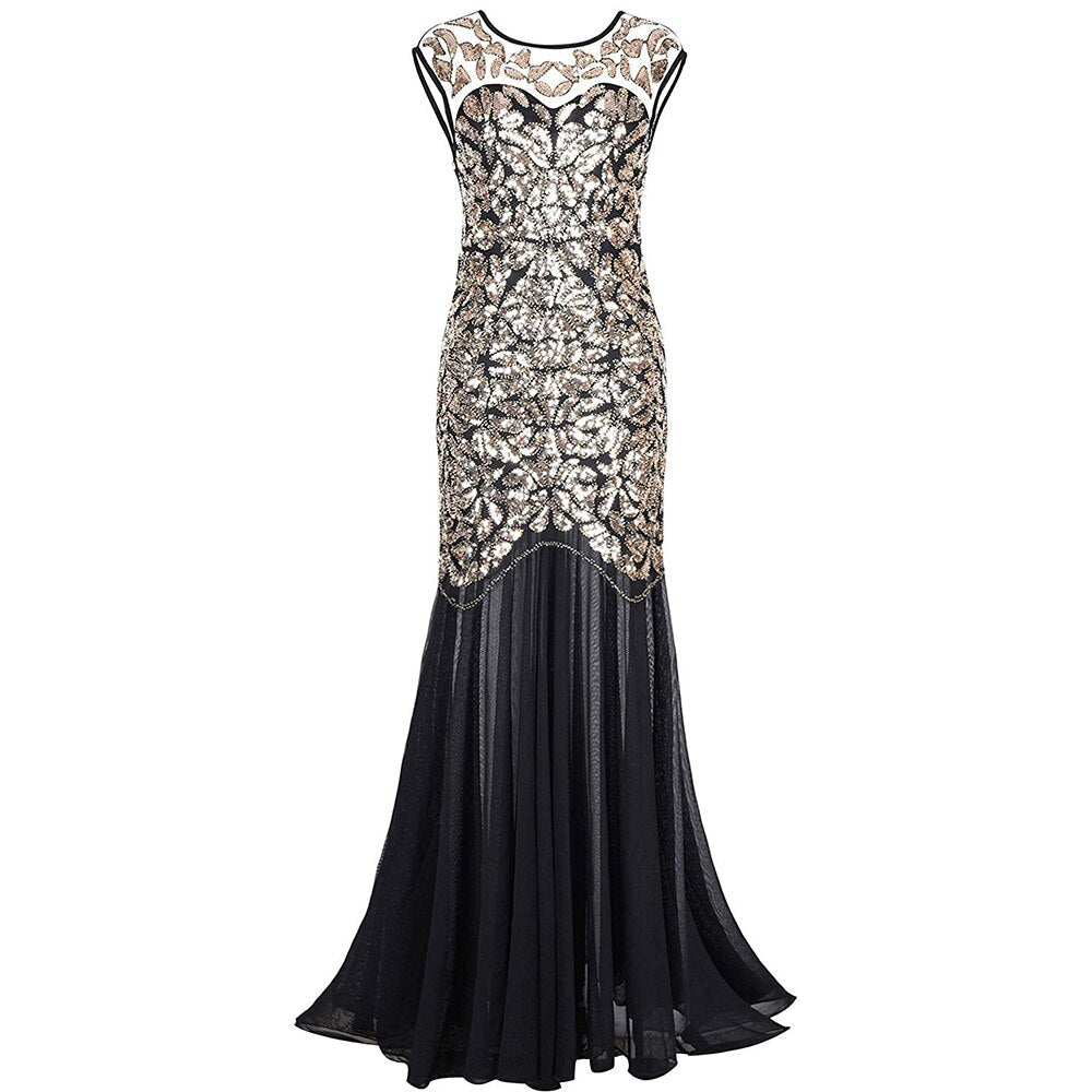 Vestidos Vintage Mujer Sequins Beading Long Evening Dresses Formal Round Neck Lace Long Sexy Women Party Special Occasion