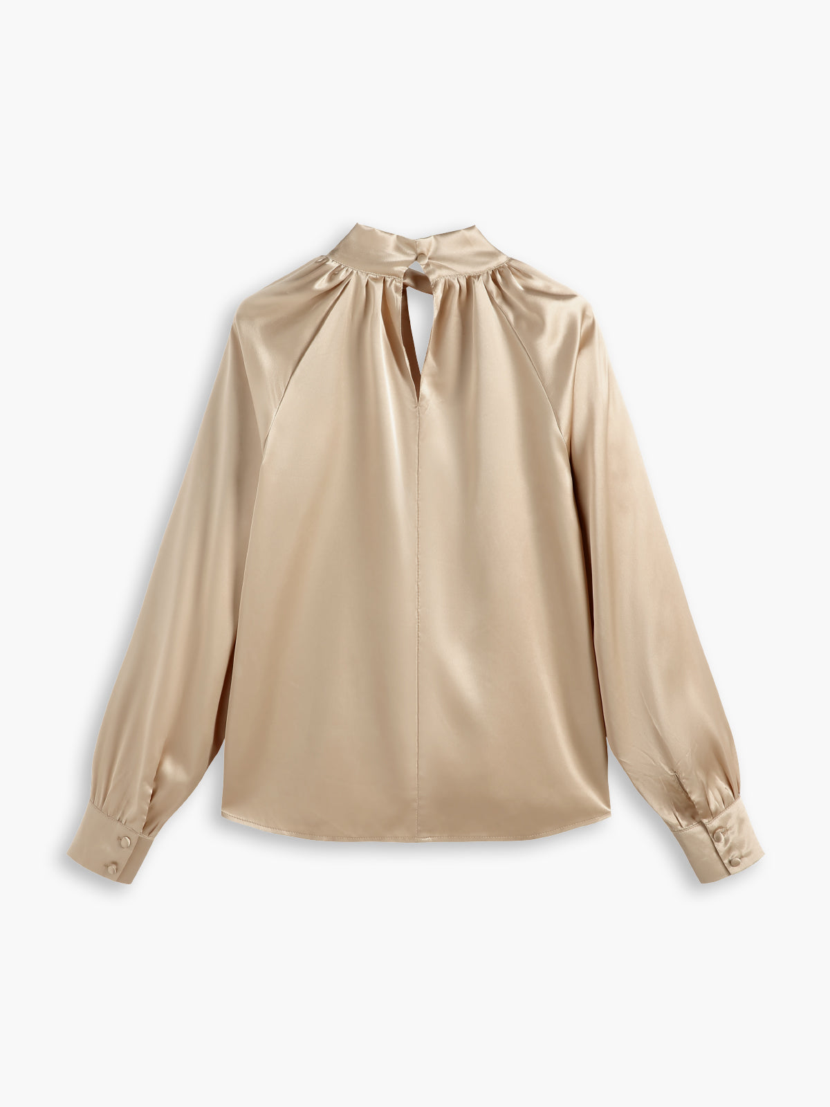 - Oatmeal Satin Twist Neckline Long Sleeve Blouse