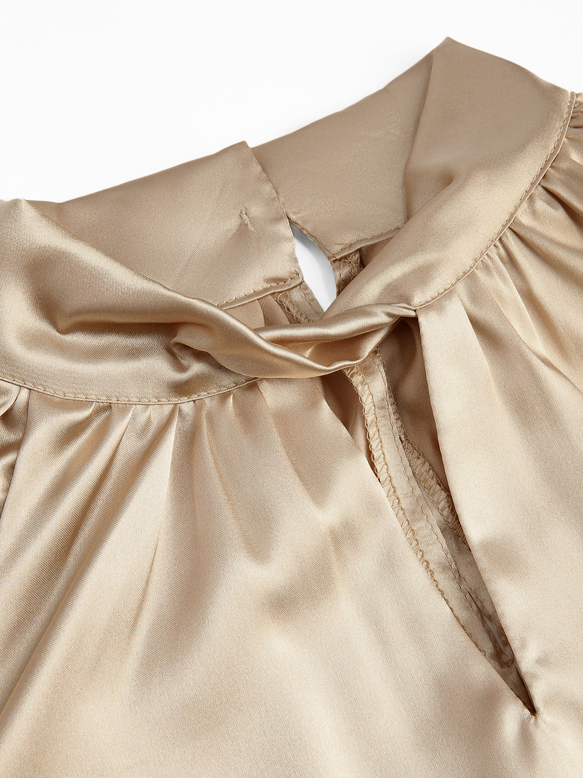 - Oatmeal Satin Twist Neckline Long Sleeve Blouse