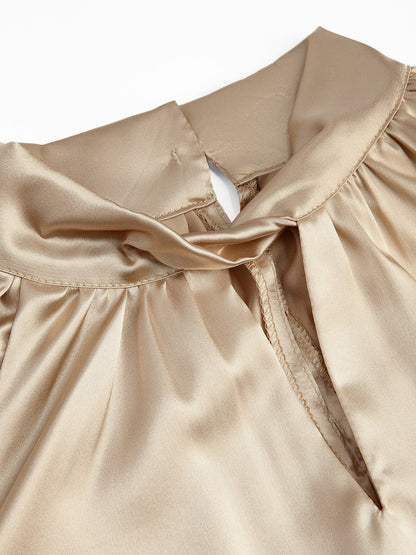 - Oatmeal Satin Twist Neckline Long Sleeve Blouse