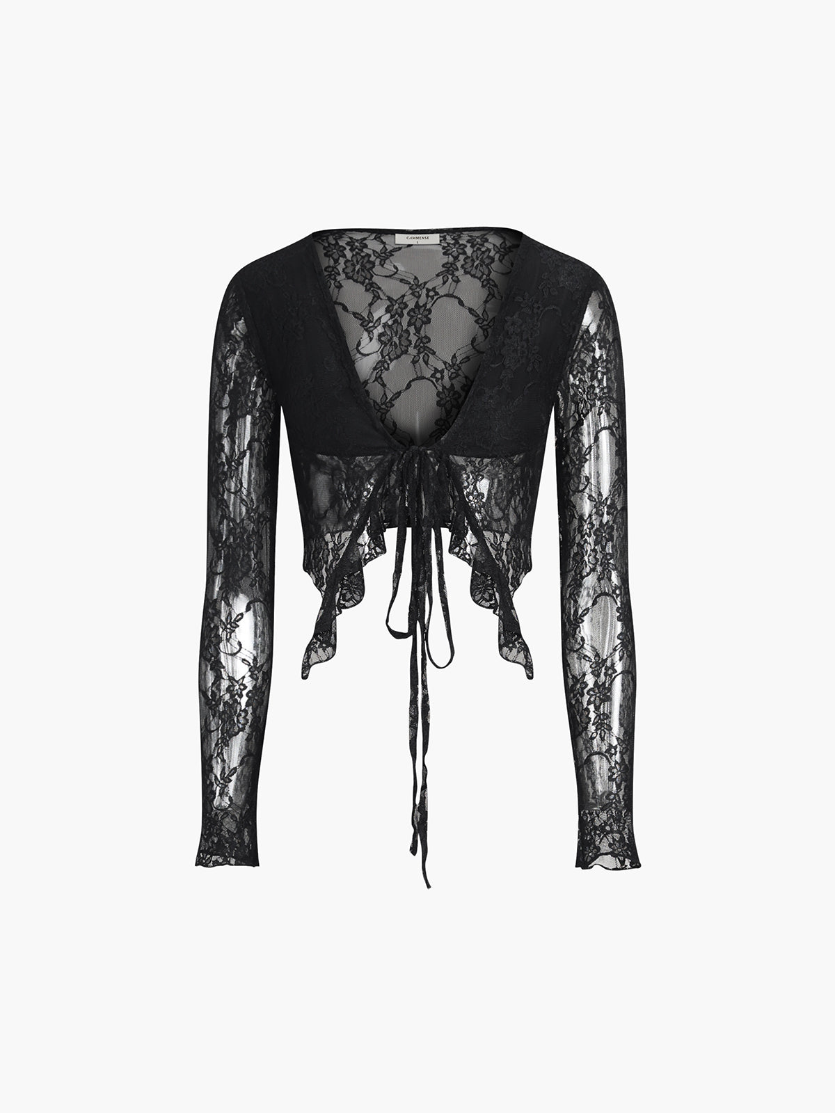 -Fall Outfits Long Sleeve Top - Lace V-Neck Knotted Long Sleeve Blouse