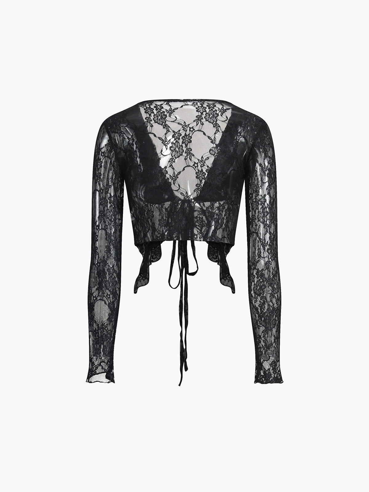 -Fall Outfits Long Sleeve Top - Lace V-Neck Knotted Long Sleeve Blouse