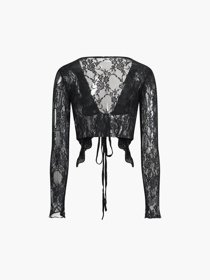 -Fall Outfits Long Sleeve Top - Lace V-Neck Knotted Long Sleeve Blouse