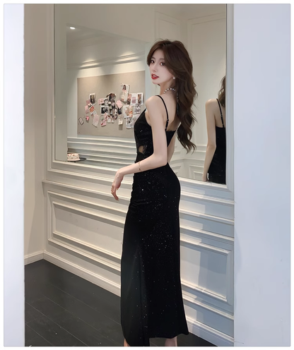 - Black v-neck slit long dress GEU1254