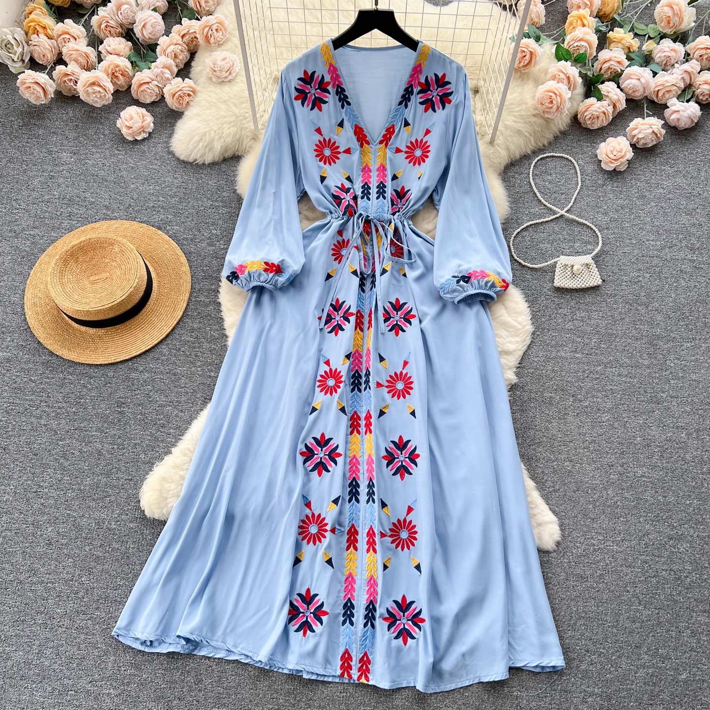 vmtvr- Embroidered V-neck drawstring waist dress for women retro ethnic style holiday dress GEU558