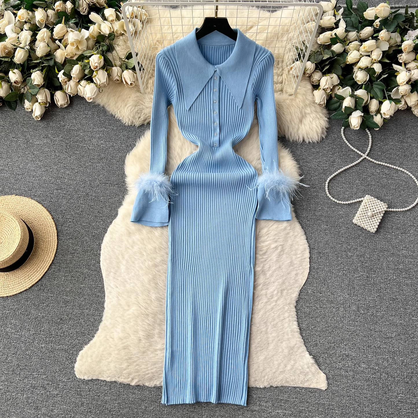 vmtvr- Women's autumn and winter lapel feather tight knitted dress GEU499