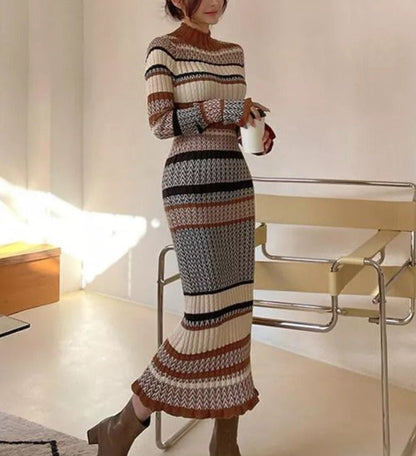 -Carabella Striped Knit Midi Dress New Korean style slim fit long skirt knitted fashion color blocked sweater base skirt dress