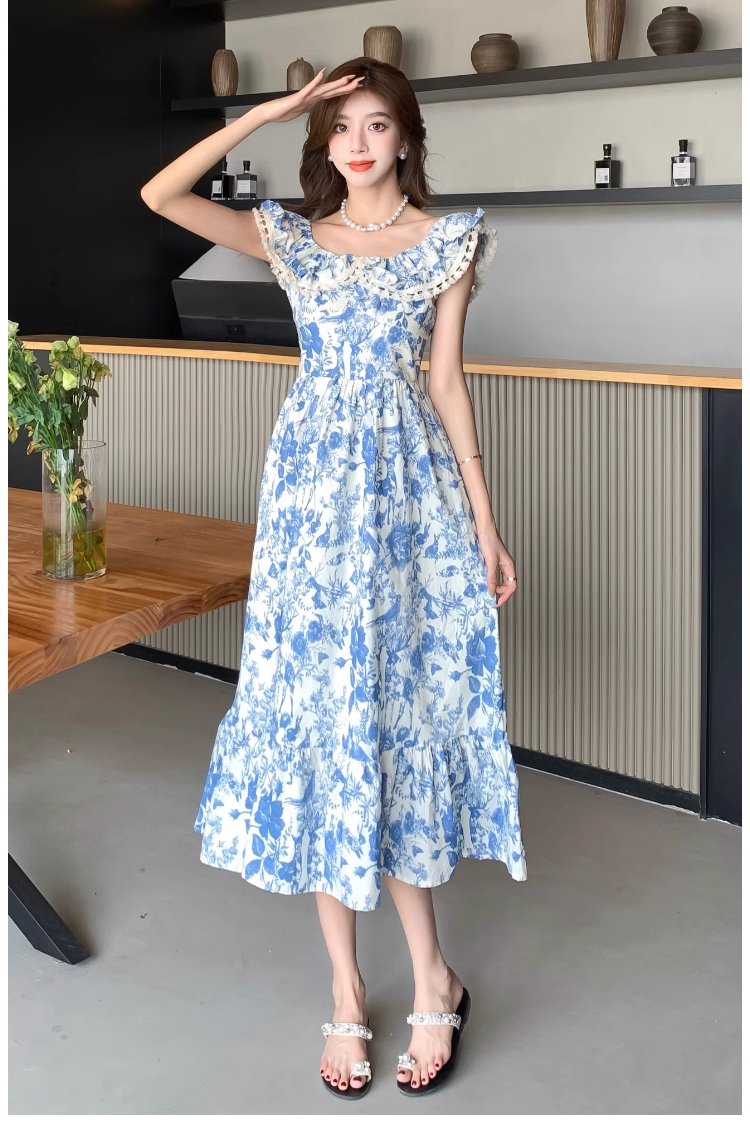 - Women's summer blue oil painting floral dress GEU1159