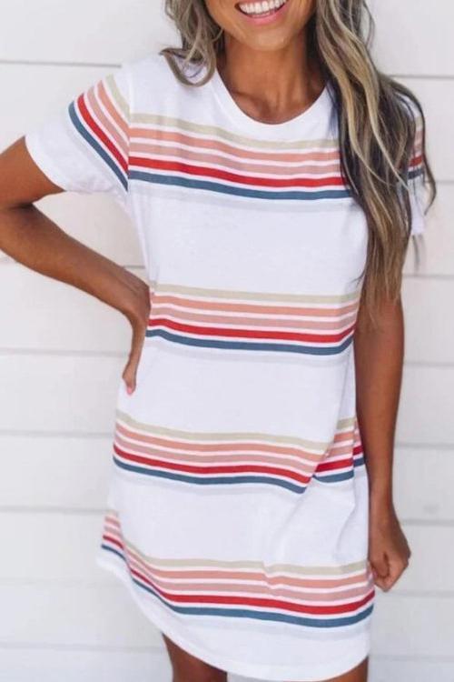 Stripe O Neck Short Sleeve Mini Dress