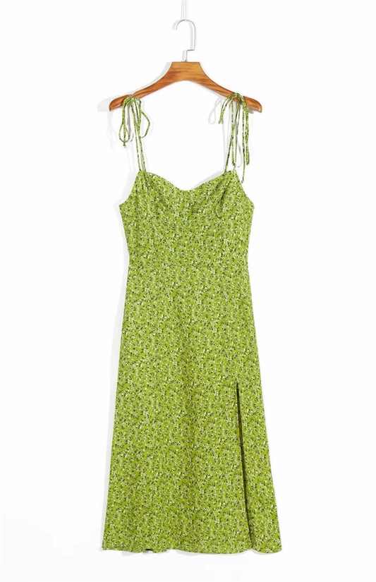 - women's green floral slit dress GEU1268